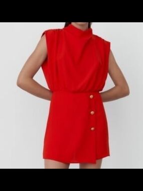 Red Sleeveless Mock-Neck Skort Romper with Button Detail